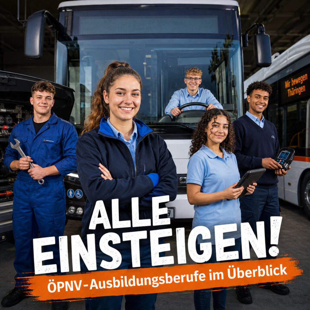 Junge Auszubildende im ÖPNV vor einem Bus